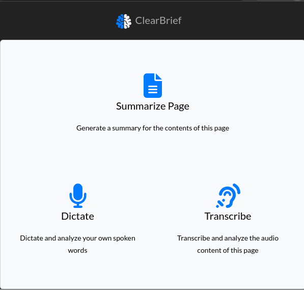 Screenshot of ClearBrief project showing AI-powered browser extension providing intellig...